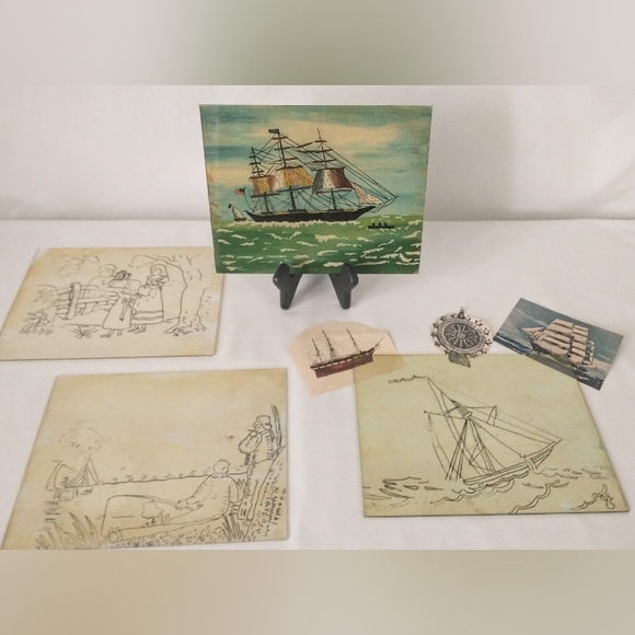 RARE FIND!! Antique Reverse Painting on Glass - 3 Glass Stenciled - Picture 7 of 13